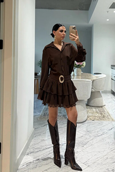 MOZENA Kemerli Dantel Detay Mini Gömlek Elbise