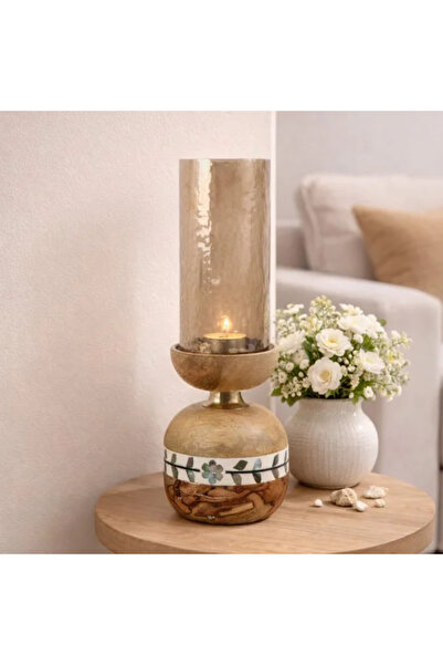 Generic Glass candlestick with wooden base 12×37 cm