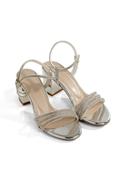 Rella Stoned Thin Strap Mirrored Thick Heeled Evening Dress Silver Color Wome...