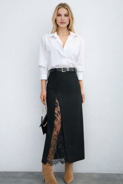 LOOSH Kadın Siyah Dantel Yırtmaçlı Etek