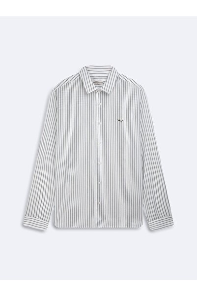Ltb Long Sleeve Striped Sign Printed White Shirt