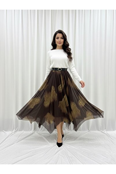 Fibula Desenli astarlı asimetrik uzun tül etek