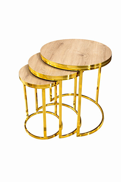 Riyes Tasarım Dünya Model 3’lü Zigon Sehpa Seti –GOLD Metal Ayaklı – Modern T...