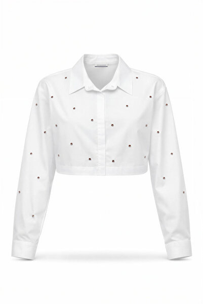 Miss Poem Women's White Stone Detailed Crop Shirt
