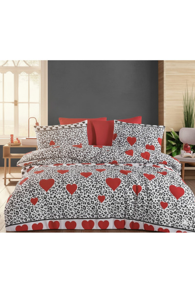 ÖZteks Red Heart Leopard Patterned Cotton Double Bed Sheet with Elastic Beddi...