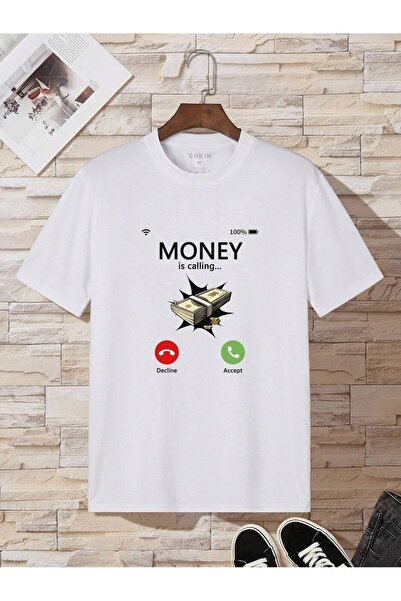 Mythologie Tricou Money Calling - Imprimat alb, cu guler tip bicicletă, mânec...