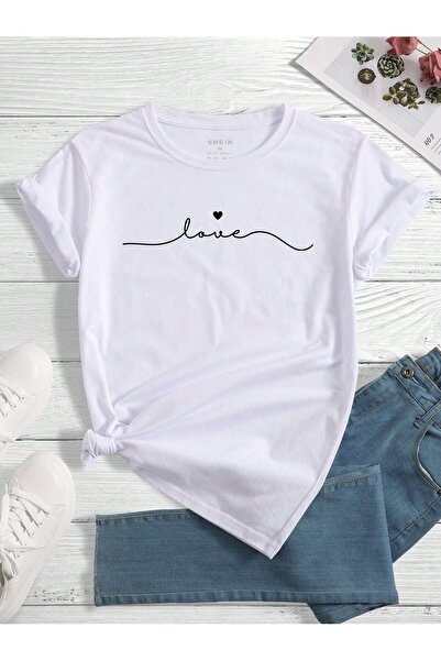 Mythologie Striped Love Heart T-Shirt - White Printed Oversize Crew Neck Shor...