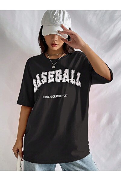 Mythologie Baseball Persistence T-Shirt - Black Printed Oversize Crew Neck Sh...