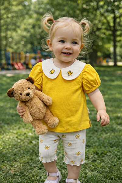 LUSSO Tekstil Sarı Zarif Dantel Yakalı Yazlık Kız Çocuk Takımı (Kaprili)