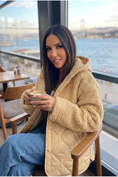 INFLUENCER Camel Peluş Kapuşonlu Teddy Mont