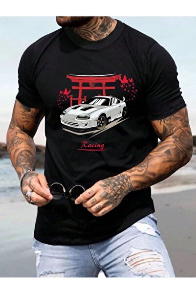 Mythologie Japan Racing T-Shirt - Black Printed Crew Neck Short Sleeve Loose