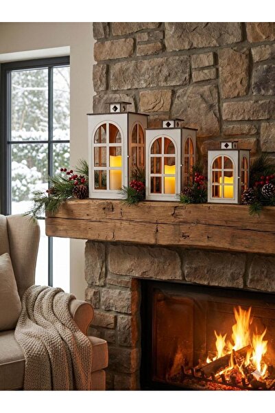 KRISTALAZER Ahşap 3’lü Dekoratif Fener Mumluk Seti