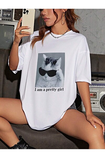 Mythologie Μπλουζάκι με σχέδιο Όμορφη Γάτα - Λευκό με στάμπα, Oversize, με λα...