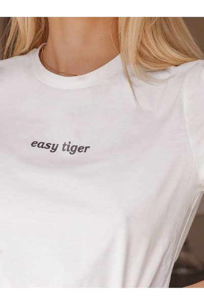 Mythologie Easy Tiger T-Shirt - White Printed Oversize Crew Neck Short Sleeve Loose Fit