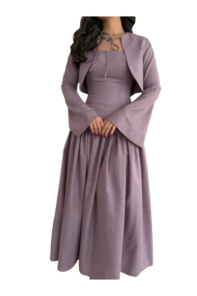 Nice Model Lilac Linen Dress Jacket Set Long Sleeve Modest Maxi Gown Drop Wai...