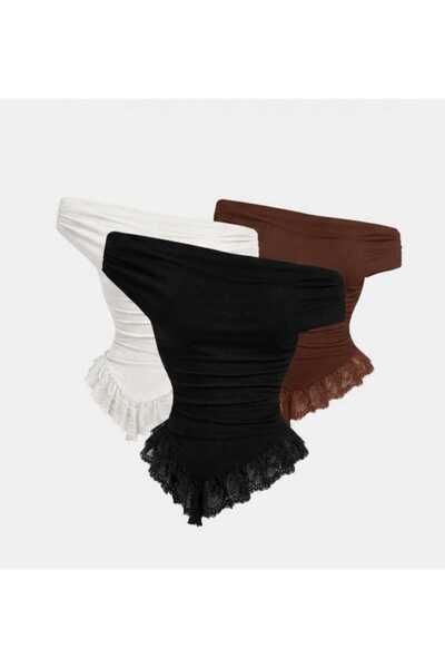 EVOA Women's 3-Piece Madonna Collar Tulle Detailed Gathered Asymmetrical Blouse