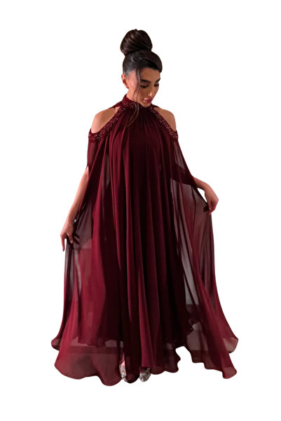 TREN Maroon Flowy Maxi Dress Embellished Halter Gown Off Shoulder Formal Part...