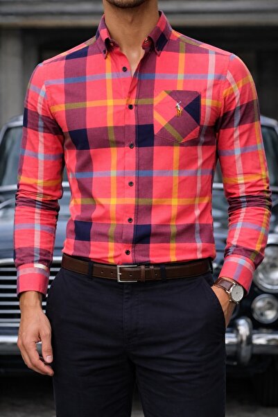 STITCH by MH Coral Red Multicolor Plaid Slim Fit Shirt