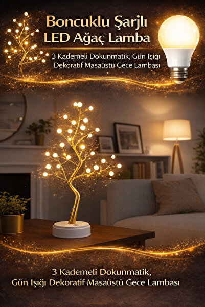 Hane Dostu Boncuklu Şarjlı LED Ağaç Lamba – 3 Kademeli Dokunmatik, Gün Işığı ...