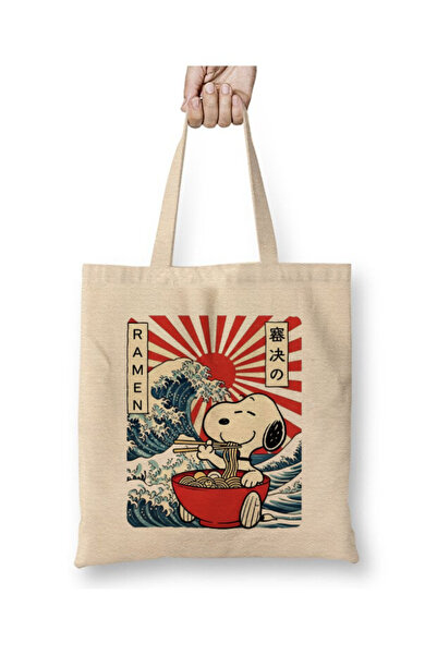 Toyaso Snoopy Ramen Japanese White Cloth Bag Long Handle Shopping Bag Beach Bag