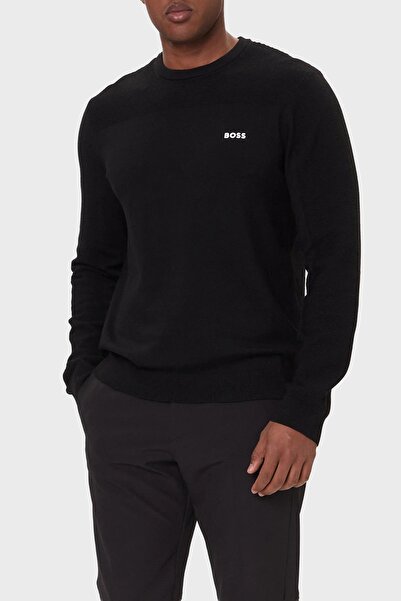 BOSS Men's Regular Fit Round Collar Breathable Wool Content Long Sleeve Black...