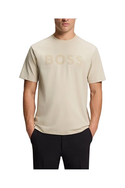 BOSS Men's Relaxed Fit Round Collar Flexible Cotton Short Sleeve Beige T-Shir...