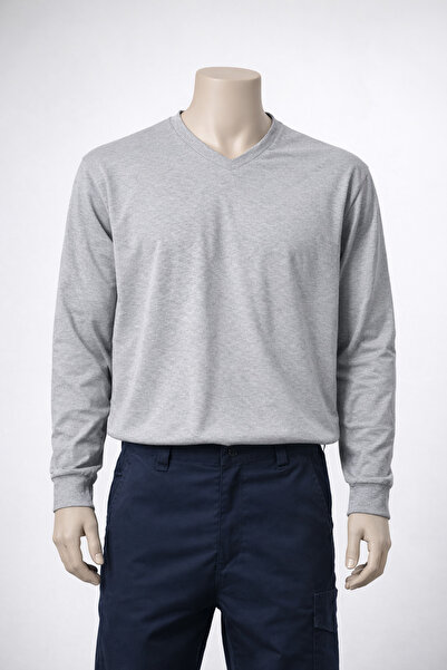 TYD تي شيرت عمل بأكمام طويلة - رمادي (ياقة على شكل حرف V)