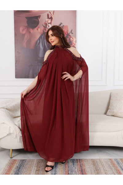 Nice Model Elegant Halter Neck Maxi Dress Burgundy Chiffon Cold Shoulder Gown...
