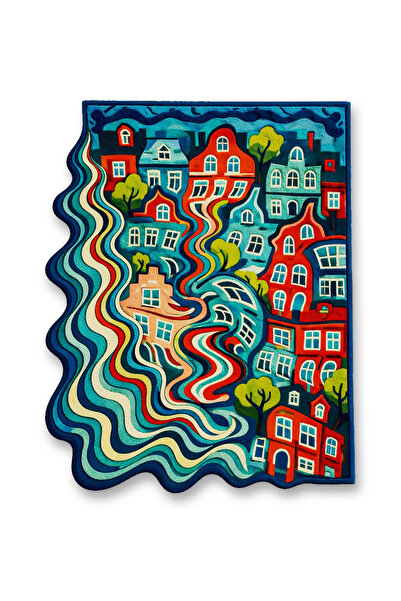 Rugs Modern Halı SDT Çok Renkli Soyut Evler ve Dalgalı Desenli Dokuma Taban M...