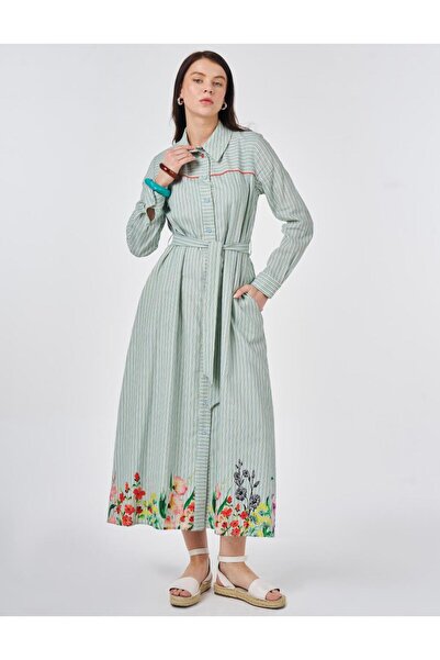 Kayra Kuşaklı Pamuk Keten Elbise Mavi