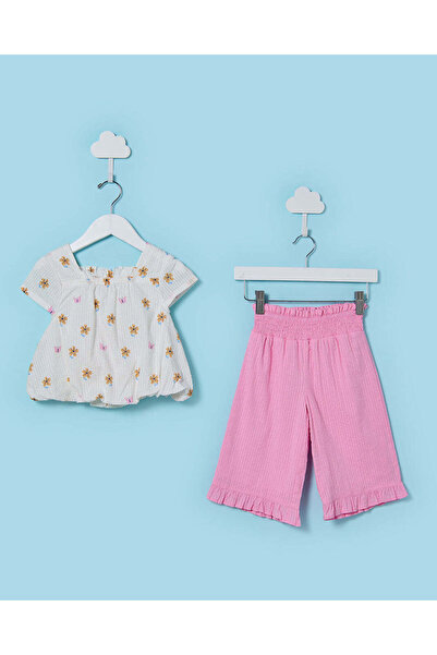 REDTAG Infant Girls White And Pink Top With Trousers Set (2 Piece)