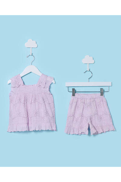 REDTAG طقم بناتي صغيرات باللون الليلكي، يتكون من بلوزة قصيرة وسروال قصير (قطع...