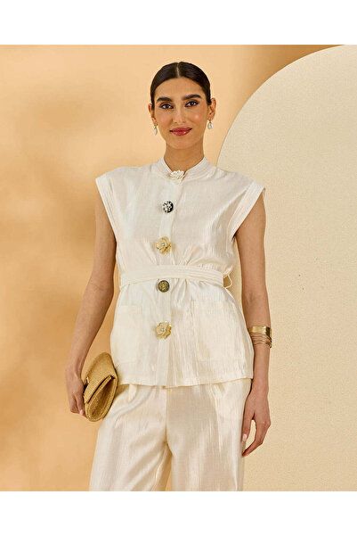 REDTAG Women Ivory Tunic With 3D Button Trim Blouse