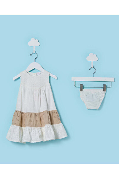 REDTAG Infant Girls White Embossed Dress With Brief Set (2 Piece)