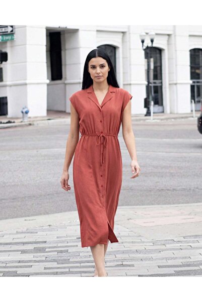 REDTAG Women Red Button Front Midi Dress
