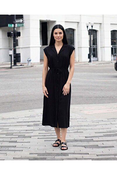 REDTAG Women Black Button Front Collard Midi Dress