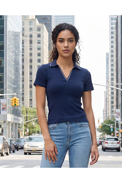 REDTAG Women Navy Polo Rib T-Shirt