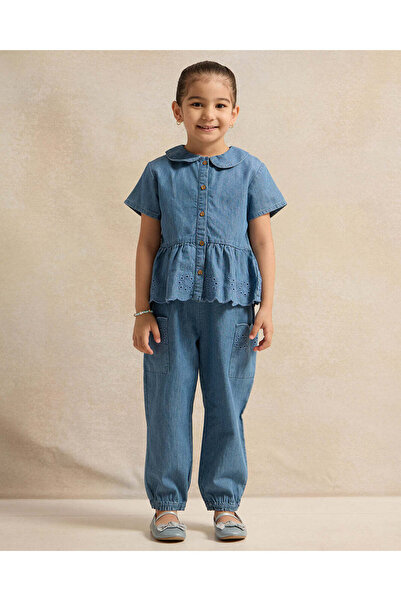 REDTAG Girls Blue Denim Embroidered Blouse And Trousers Set (2 Piece)