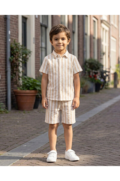 REDTAG Boys Beige & White Striped Shirt and Shorts Set