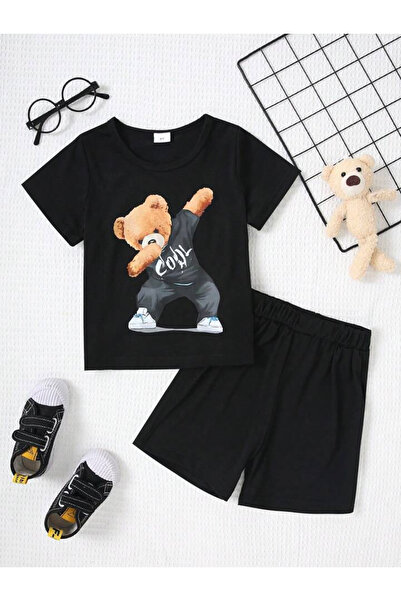 PEMBE KURDALE COOL AYICIK Set de vară pentru copii cu imprimeu Tricou-Șort-Șo...