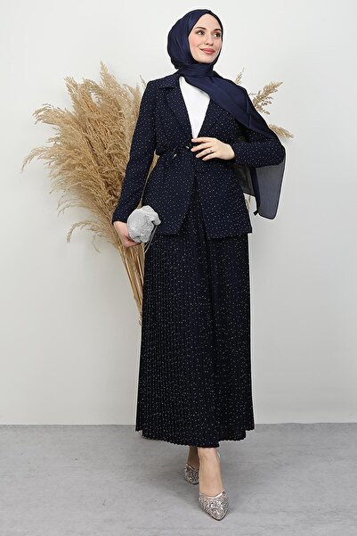 GİYZAMİLA Gilded Pleated Suit Navy Blue