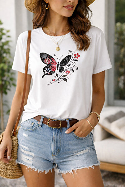 ArtYus Tricou unisex cu guler rotund, din bumbac cu imprimeu fluturi, croială...