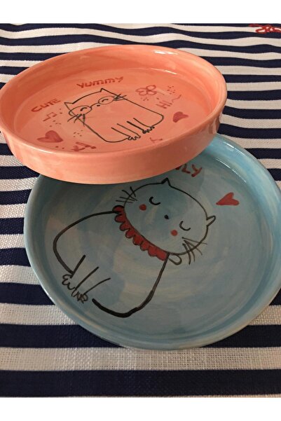 seramikanaz طبق دائري مزدوج مصنوع يدويًا من السيراميك بتصميم قطة