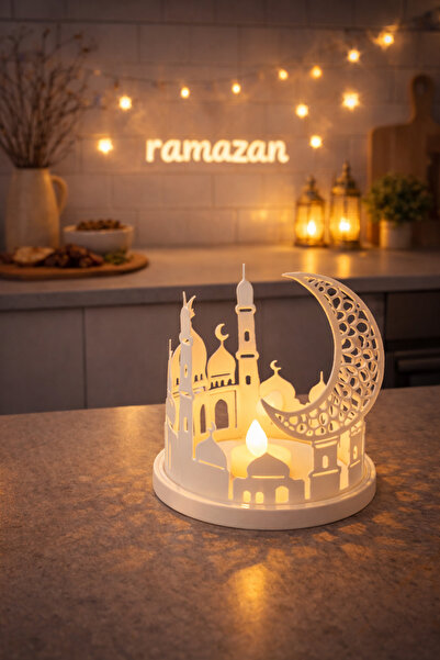 Helis Craft Ramazan Dekoratif LED Mumluk Hilal ve Cami Figürlü Masa Üstü Işık