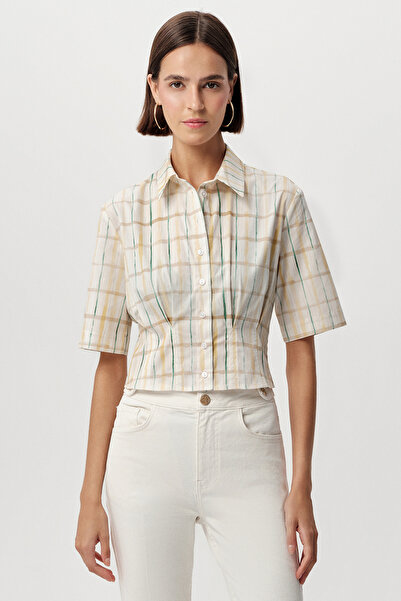Exquise Short Sleeve Waist Pleated Detailed Crop Regular Shirt