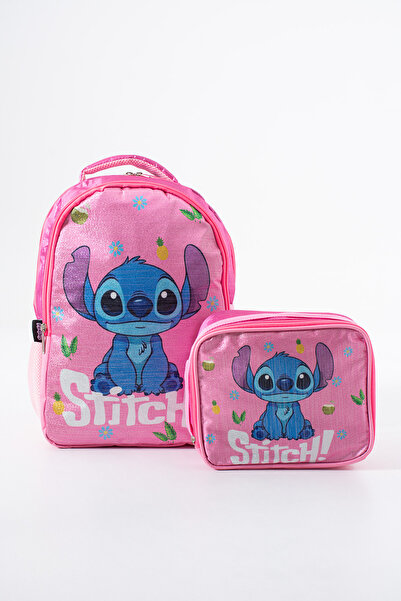 Roxy Simli Stitch Baskılı Su geçirmez İlkokul Sırt Çantası ve Beslenme Seti
