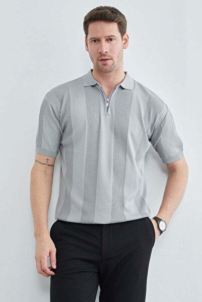 Fulla Moda Πλεκτό μπλουζάκι με ρίγες, μισό φερμουάρ και λαιμόκοψη πόλο