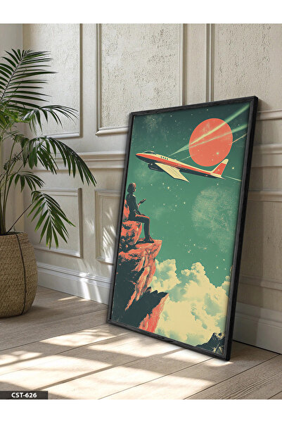 Evinemoda Poster de avion vintage, tablou înrămat din lemn negru, dintr-o sin...