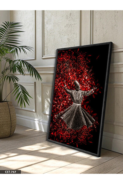 Evinemoda Red Detailed Semazen One-Piece Black Wooden Framed Painting