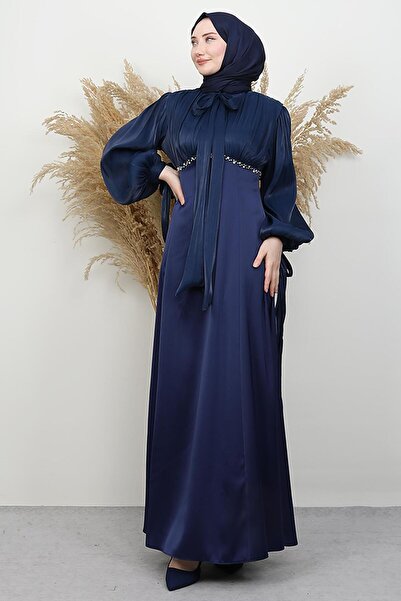 GİYZAMİLA Perla Satin Evening Dress Navy Blue